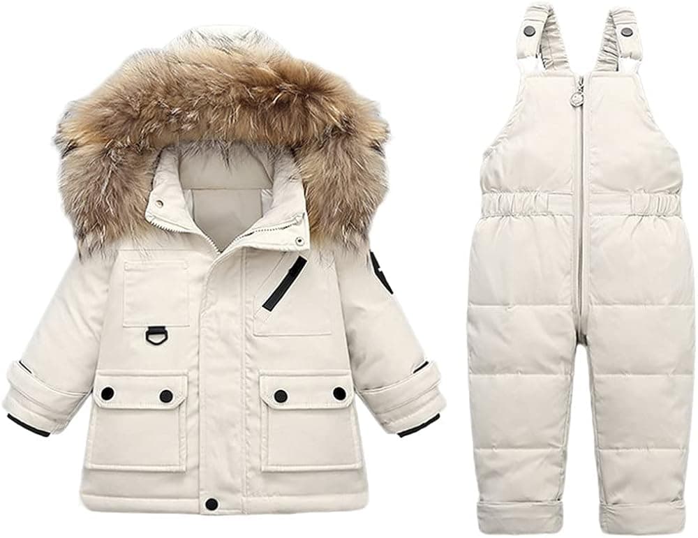 JELEUON Baby Girls Two Piece Winter Warm Hooded Fur Trim Snowsuit Puffer Down Jacket with Snow Ski Bib Pants Outfits