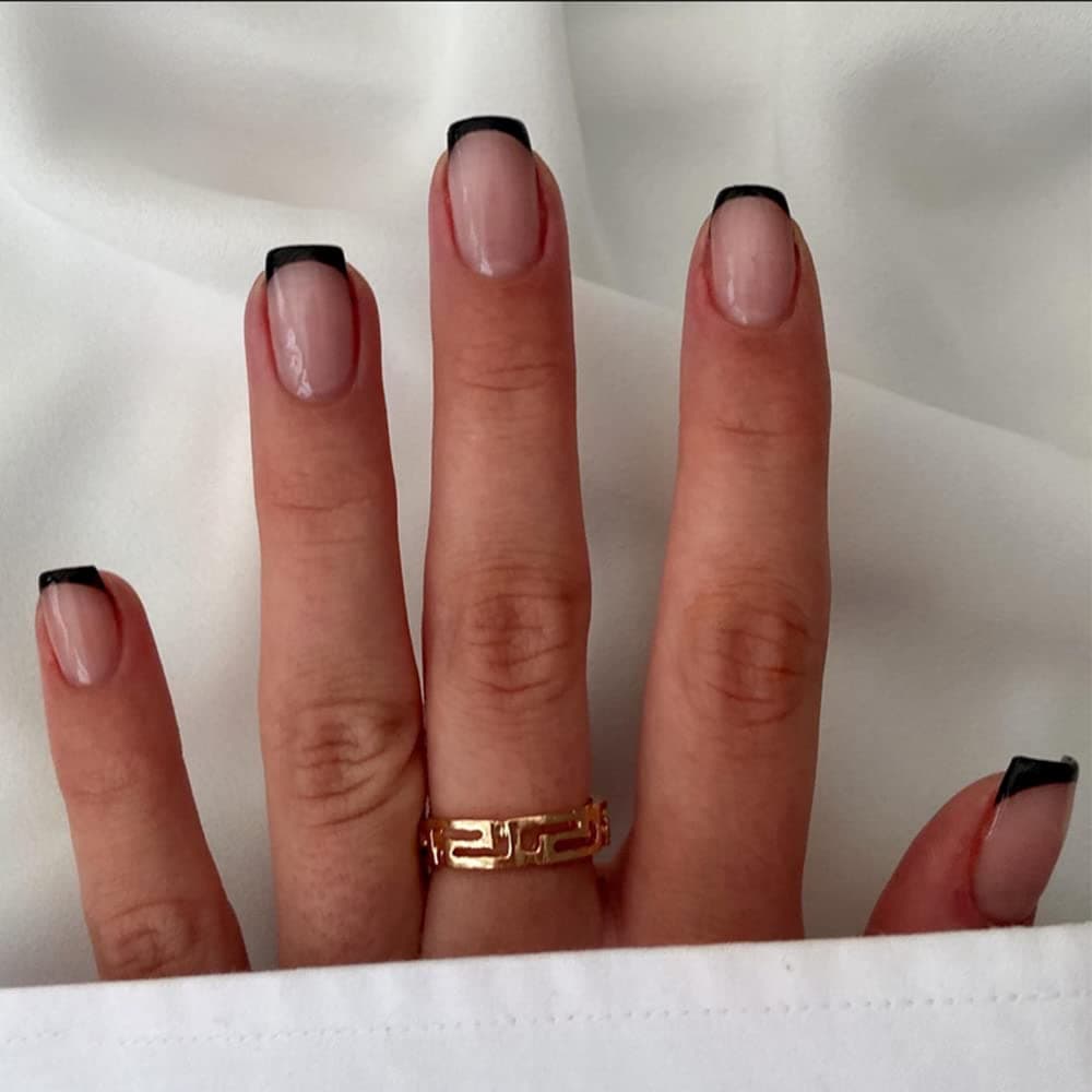 KXAMELIE Black French Tips Press on Nails Short Glue on Nails Black Nude Square Shape Fake Nails With Nail Glue for Women Gilrs Press ons Full Cover Short Cute Nails