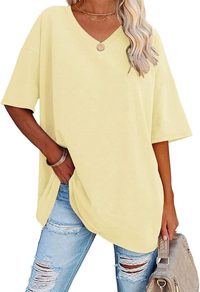 Ebifin Women's Oversized T Shirts Tees Half Sleeve V Neck Comfy Cozy Cotton Tunic Tops