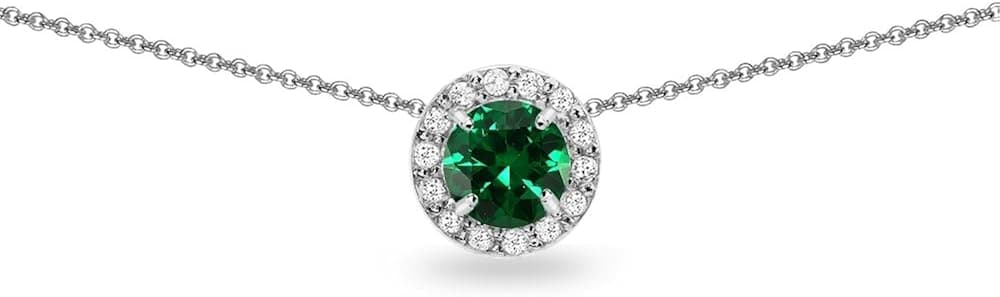 Sterling Silver Genuine or Synthetic Gemstone Round Halo Slide Short Choker Necklace for Girls Women Bridesmaids