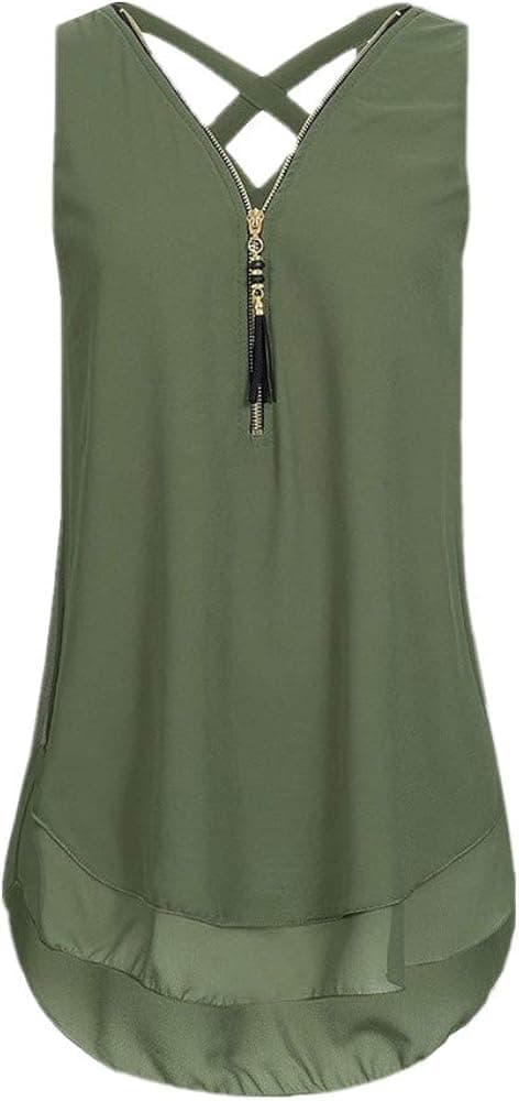 iYBUIA Women Loose Sleeveless Solid Tank Top Layed Zipper V-Neck T Shirts Tops Solid Casual Tank