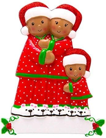 Pajama African-American Family of 3 Personalized Christmas Ornament