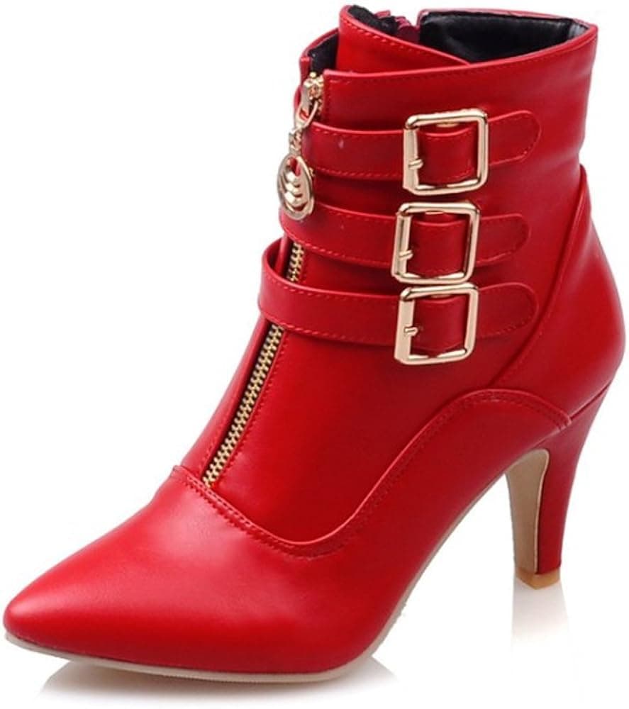 MEOTINA Women Ankle Boots High Heels Buckle Pointed Toe Shoes