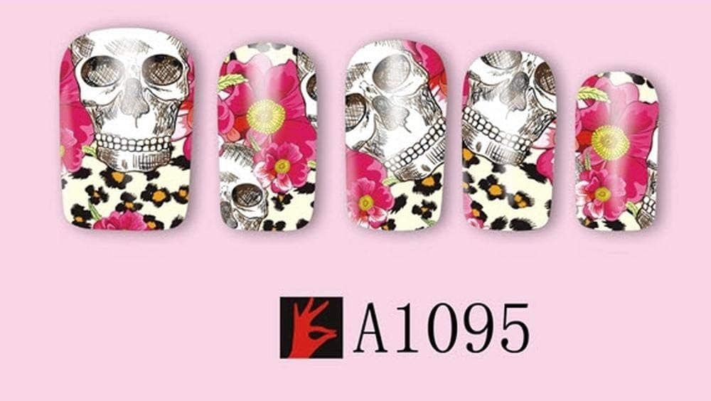 Sheet of Skull Stickers with Flowers and Leopard Cheetah Print Nail Decal Punk Gothic Rockabilly Skull Nail Wrap Decals Sticker Salon Quality Nail Art - Great for Halloween!