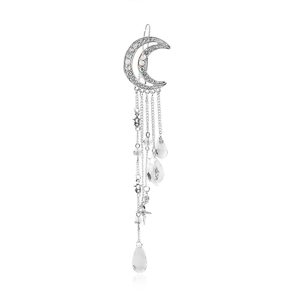 Romantic Crescent Moon Star Crystal Dangle Hairpin Rhinestone Beads Hair Clips Bridal Jewelry Tassel Drop Hair Pins Bobby Pins For Women Girls Hair Accessories (Silver)