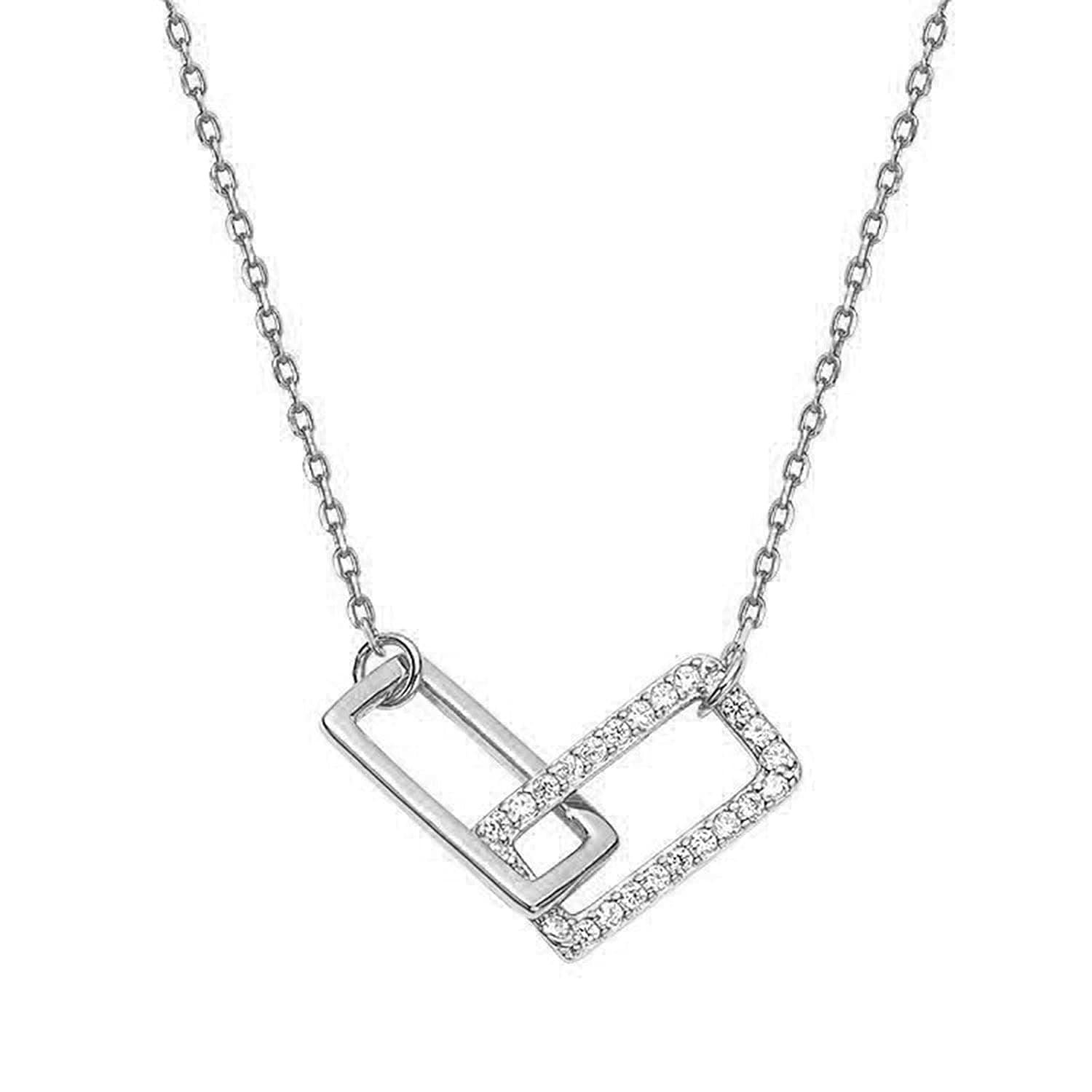 Sttiafay Dainty Square Pendant Necklace Rhinestone Choker Necklace Thin Italian Box Chain Necklace Jewelry for Women and Girls (Silver)