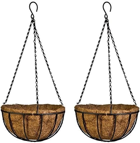 Kingbuy 14 in Metal Hanging Planter Basket with Coconut Liner Wire Plant Holder Watering Flower Baskets Pot Hanger Garden Decoration for Indoor Outdoor, 2 Pack