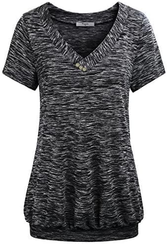 Cestyle Women's V Neck Short Sleeve Banded Hem T Shirt Tops