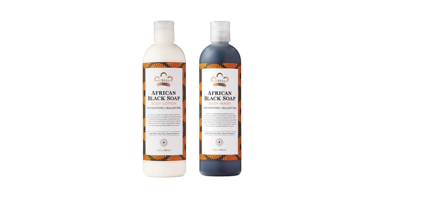 Nubian Heritage African Black Soap Body Wash and Body Lotion Bundle, With Oats, Aloe, Vitamin E, Dead Sea Salt, African Black Soap Extract & Jojoba Oil, 13 oz each