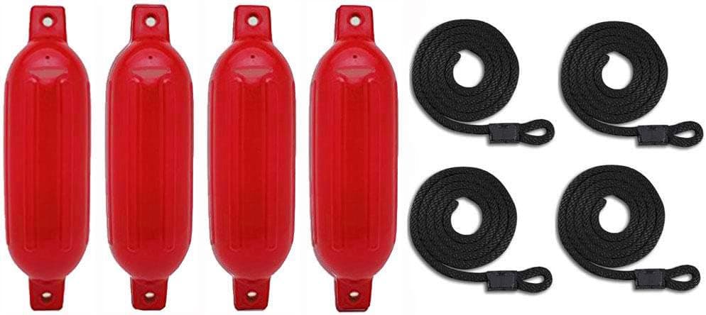 Mad Dog 6.5 Inch by 23 Inch Red Ribbed Boat Fenders Four Pack with Four Black Fender Lines