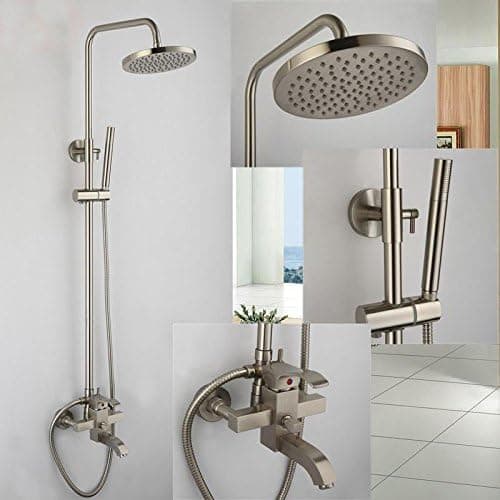 Brushed Nickel 8" Rain Shower Faucet System Tub Mixer Tap with Hand Shower Head