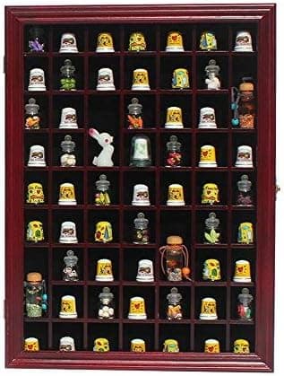 59 Opening Thimble Small Miniature Display Case Cabinet Rack Holder, Solid Wood, Glass Door, Cherry Finish