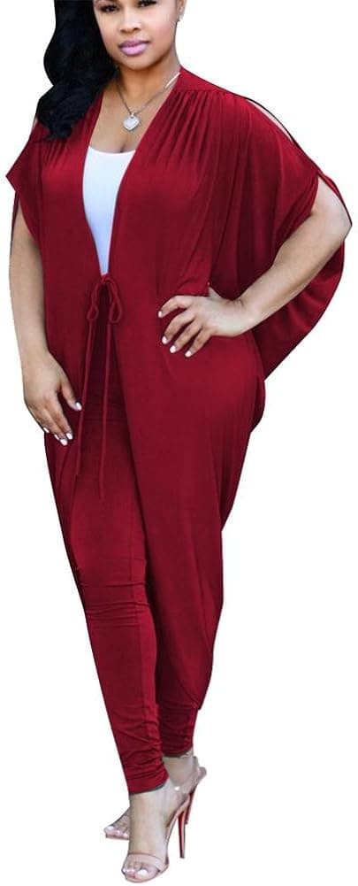 Womens 2 Piece Outfit Split Batwing Sleeve Waist Tie Long Cardigan and Pants Set