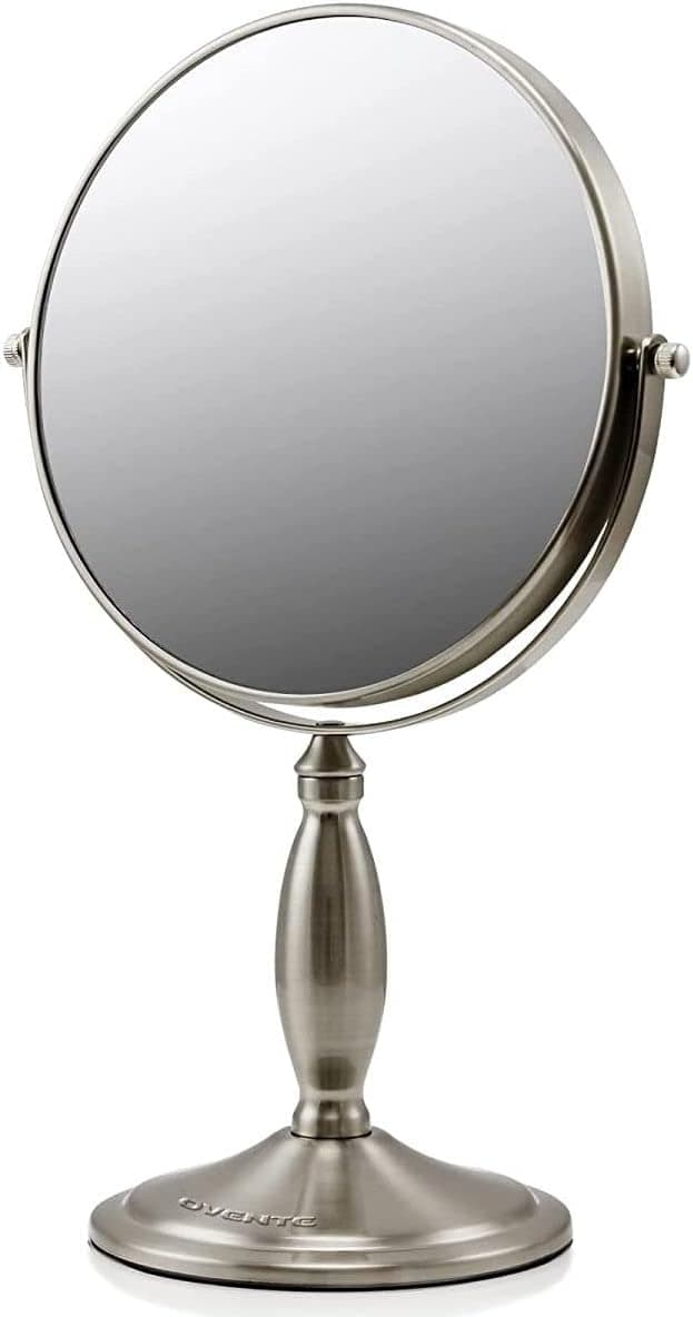 OVENTE 8'' Tabletop Makeup Mirror, 1X & 7X Magnification, Adjustable Spinning Double Sided Round Magnifier, Décor for Office, Vanity, Bath, Hotel, Compact for Travel, Nickel Brushed MNLAT80BR1X7X