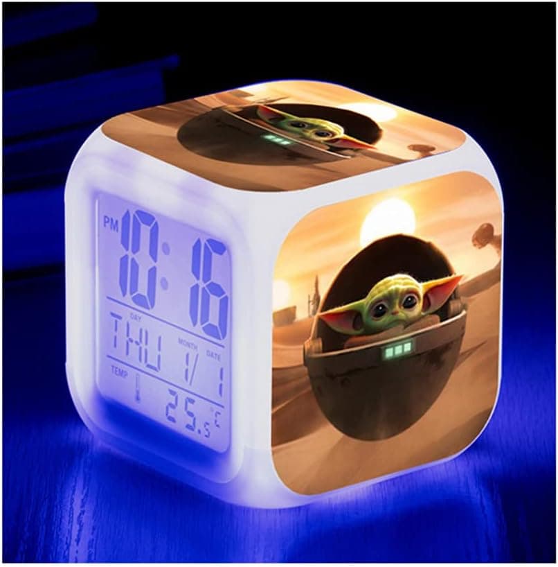 Baby Yoda Alarm Clocks for Girls Boys Teens, LED Night Glowing Cube LCD Clock with Light, Children Wake Up Bedside Clock Birthday Gifts 4