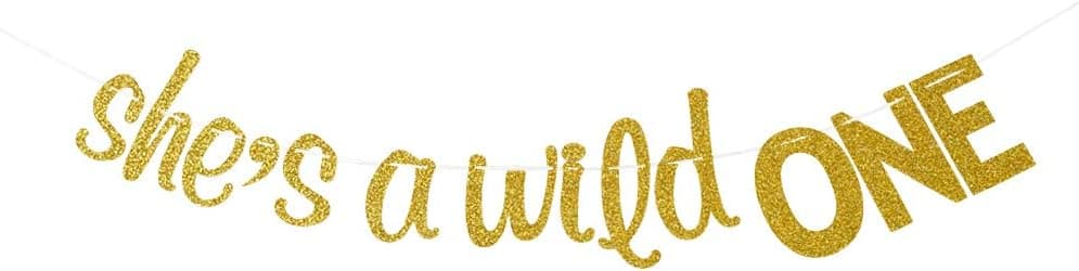 She's a Wild One Banner for Baby Girl 1st Birthday Party Decorations Gold Glitter
