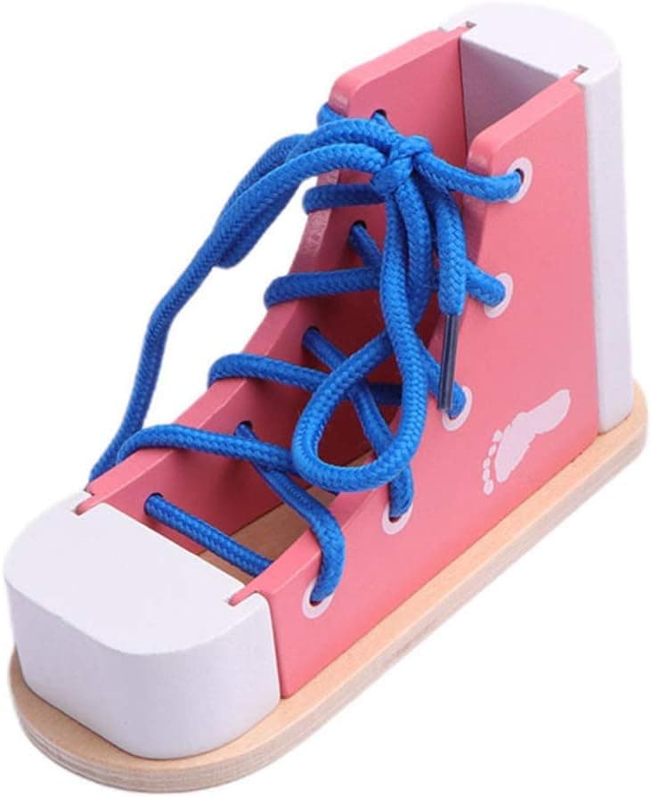 NUOBESTY Learn to Tie Shoes Wooden Lacing Shoe Toy Shoelaces Tying Toy Teaching Kit for Kids, Pink