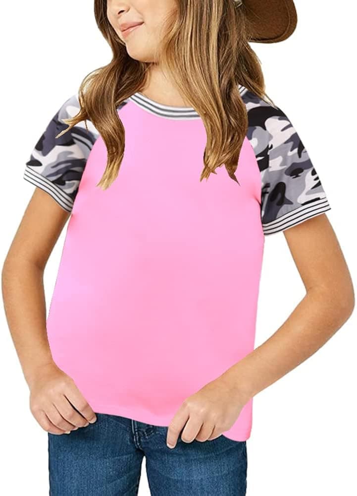 Girls Summer Tops Camouflage Short Sleeve Shirts Striped Round Neck Color Block Tunics Tees Casual Sport Blouse Tops
