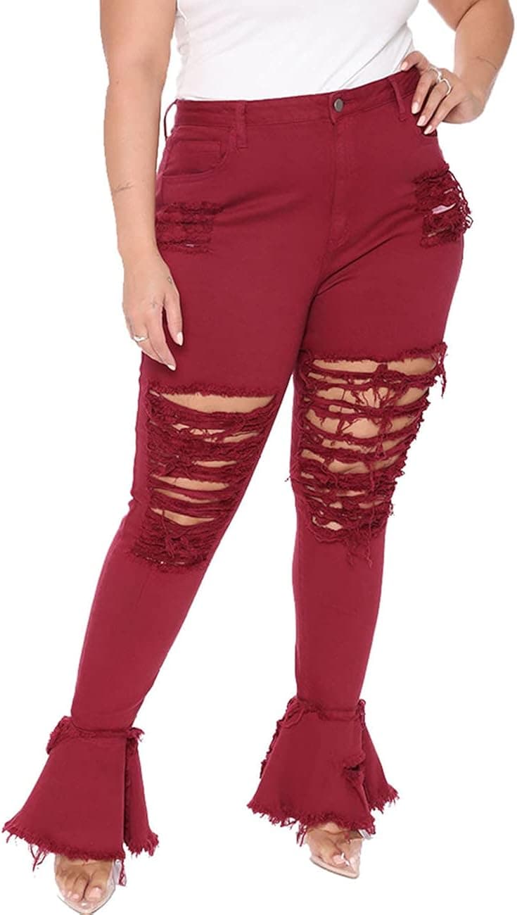HannahZone Womens Ripped Bell Bottom Plus Size Jeans Elastic Waist Flared Jean Pants 5XL