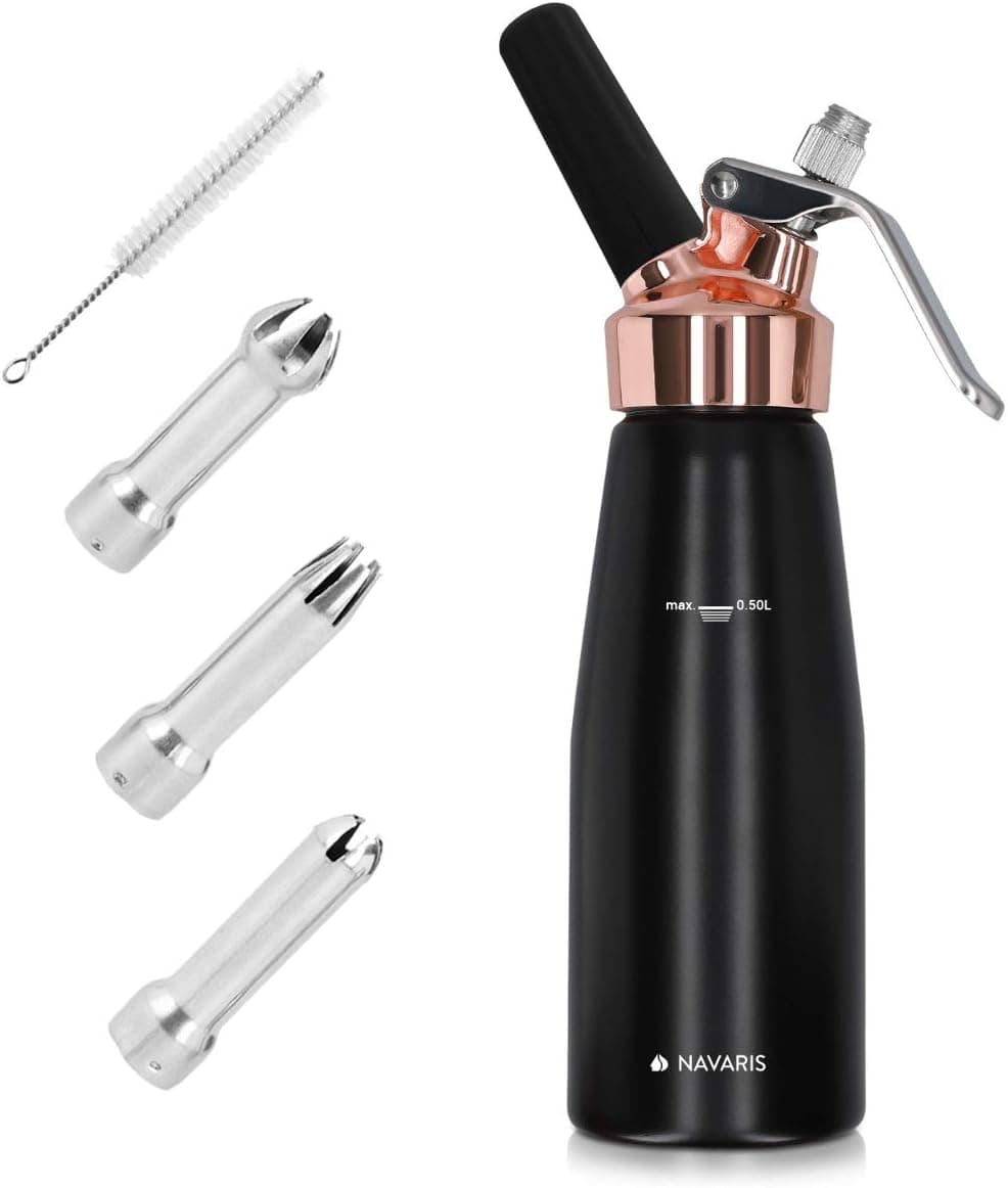 Navaris Whipped Cream Dispenser - 1 Pint (500ml) Handheld Whipping Cream Maker with 3 Stainless Steel Tips - for Use with N20 Chargers - Black/Copper