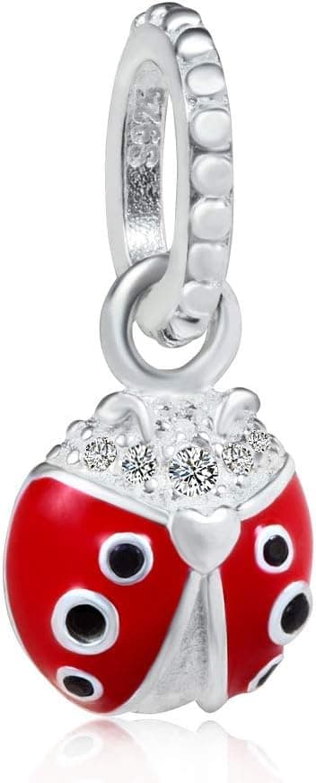 Ladybug Charm 925 Sterling Silver Lady Bug Red Black Enamel Cubic Zirconia Crystal for Bracelet & Necklace(Ladybug Charm)