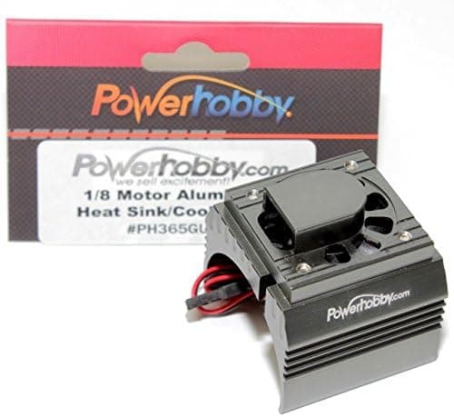 Powerhobby Aluminum Motor Heatsink + Cooling Fan For 1/8 Size Motors Gun fits : Castle Creations 2200kv + 2650KV Motors, Dynamite, Hpi, Novak, Trinity, Arrma Nero, Kraton, Fazon, Outcast, Tekin,