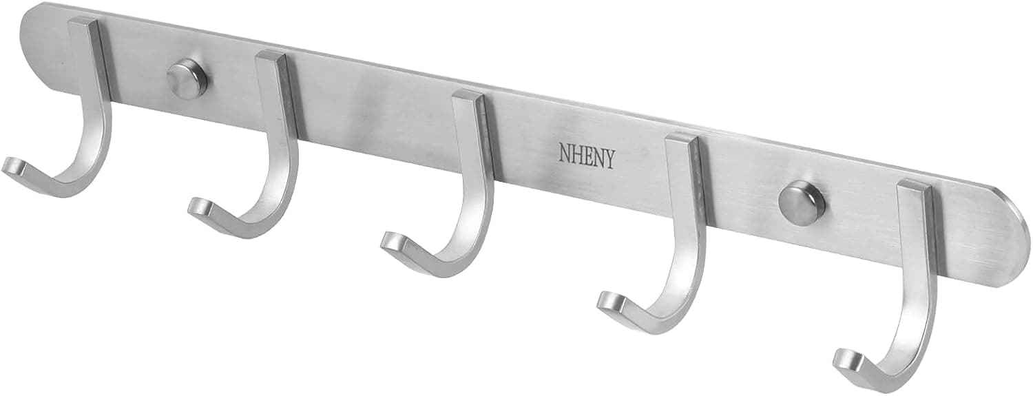 NHENY Coat Hook Rack Hanger –Towel Hook Rail with 5 Hooks 13-Inch Wall Mounted for Bedroom, Bathroom, Hallway, Garage, Garden, Office, 304 Stainless Steel Brushed Nickel, Easy Installation (Silver)