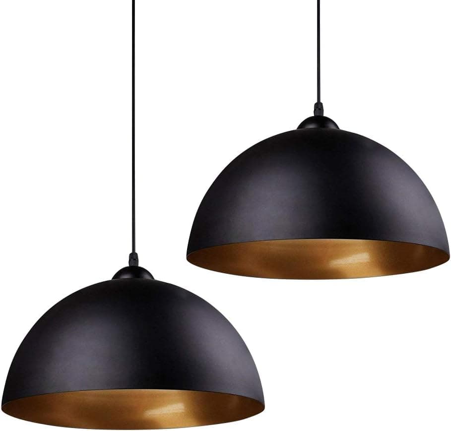Frideko Industrial Pendant Light - 2 Pack Vintage Hanging Lighting Fixuture with Black Metal Dome Lamp Shade for Kitchen Island Retaurant (Black Outside Gold Inside)