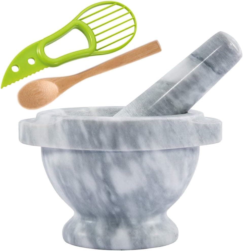 Large Marble Mortar and Pestle Set 6 inch, Cozymat Molcajete, Salsa Pestos Guacamole Bowl, Herbs and Spices Grinder, White (2cup)