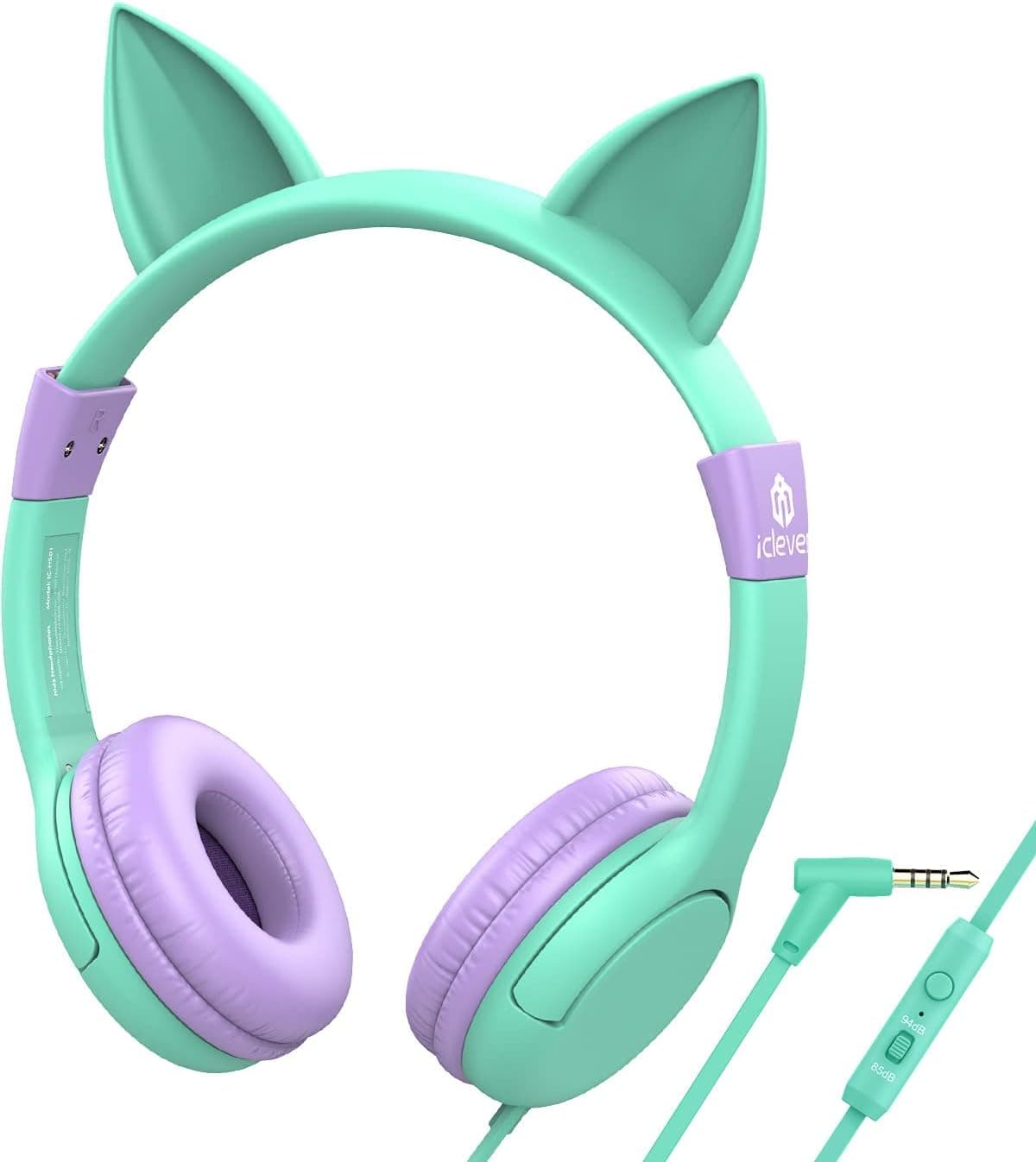 iClever HS01 Food Grade Kids Headphones with Microphone, 85/94dB Volume Limiter, Cat Ear Headphones for Kids Boys Girls, Wired Childrens Headphones for School/Travel/Tablet/E-Learning/iPad, Green