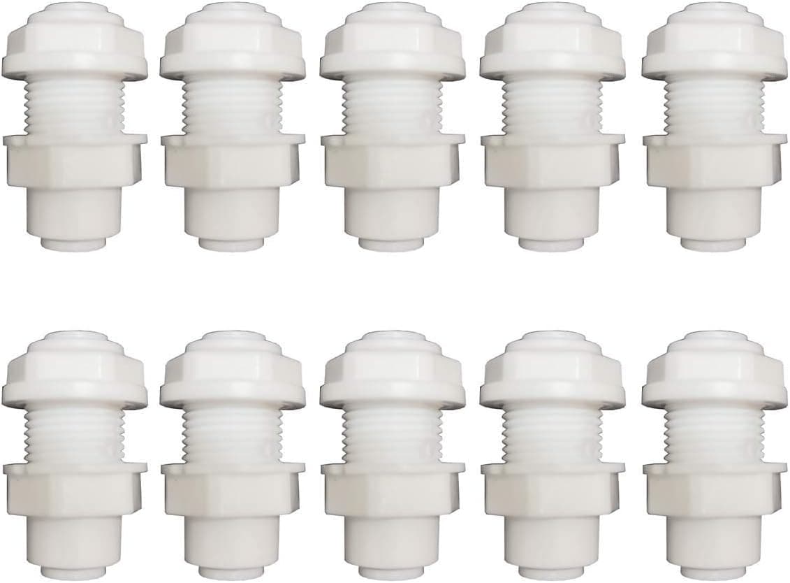 YZM White Fittings Bulkhead Connector 1/4" Tube Quick connect RO Water Filter Pack of 10 (Bulkhead Connector 1/4)