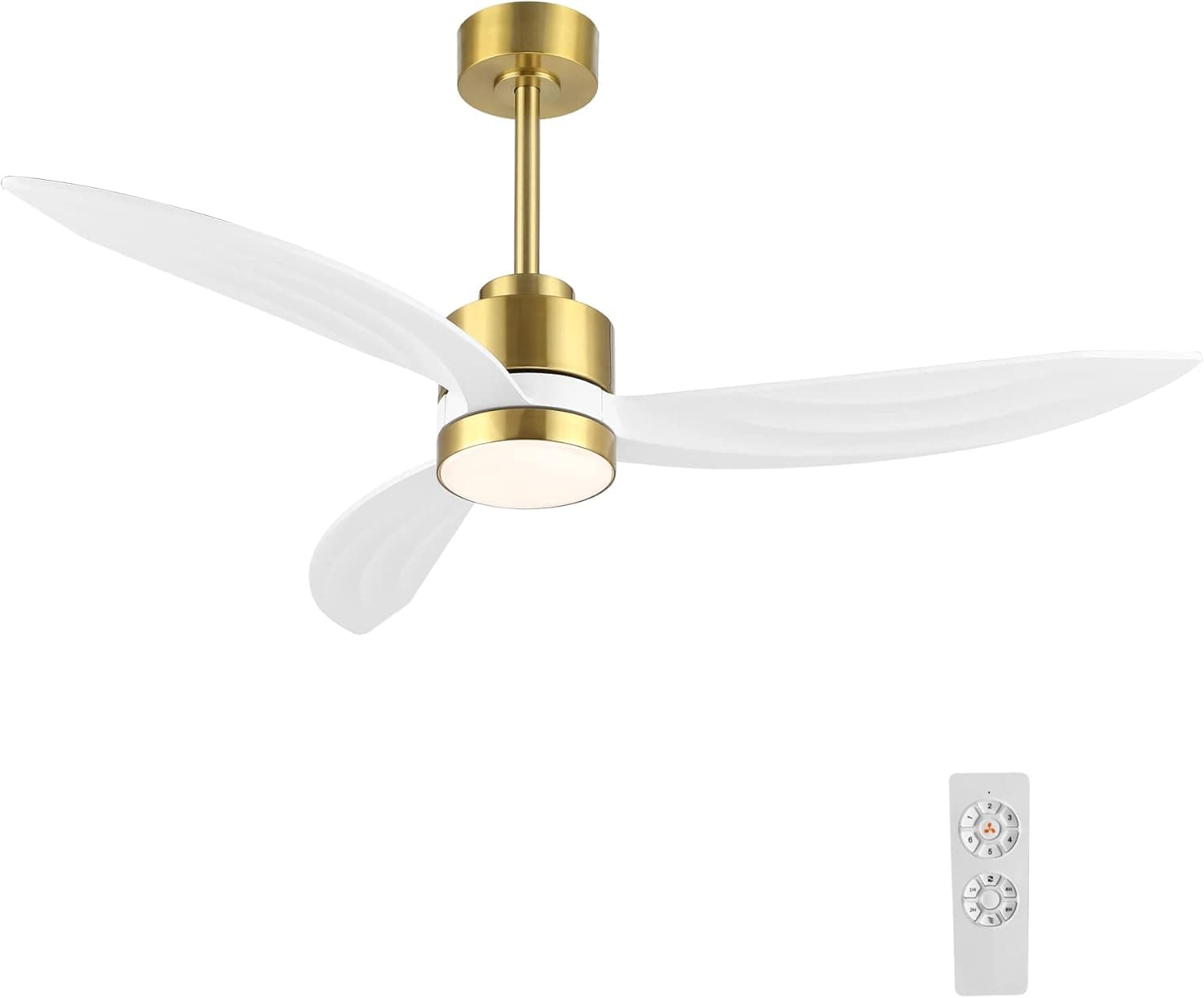 ELEHINSER 52" Wood Ceiling Fan with Lights and Remote Control, 3 Blades 6-Speed Dimmable Light Reversible DC Motor Ceiling fan for Kitchen Bedroom Dining Living Room, White Wood Blades with Gold