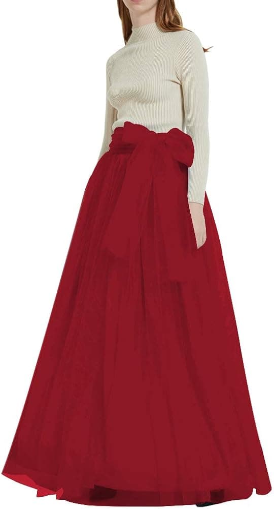 Women Long Tutu Tulle Skirt Maxi Floor Length Flowy High Waisted Skirt A Line with Bowknot Belt for Wedding Party Evening