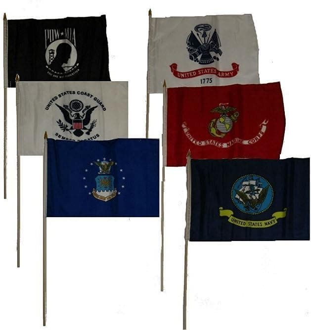 RFCO 12x18 Military 5 Branches Army Navy Marines Air Force Coast Guard and Pow Mia Stick Flag Set 6 12"x18" Stick Flags.