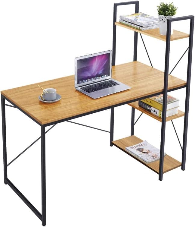 Coral Flower Tower Computer Desk with 4 Tier Shelves - 47'' Multi Level Writing Study Table with Bookshelves Modern Steel Frame Wood Desk Compact Home Office Workstation ,Light Walnut