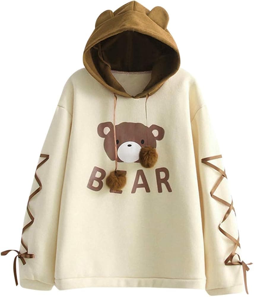 Women's Cute Sweatshirt Long Sleeve Hoodie for Teen Girls Bear Frog Dinosaur Printed Hooded Pullover Shirt Tops