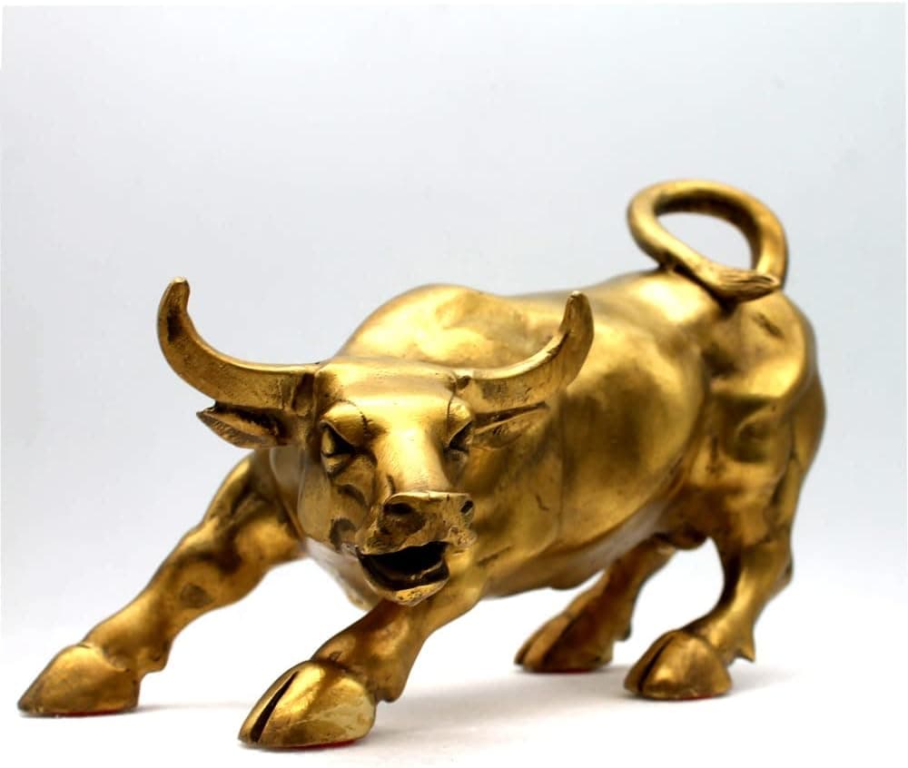 Lizipai Feng Shui Fortune Brass W Street Bull Statue, Sculpture Home Decoration Golden Copper Bull Represents Good Luck of Career and Wealth