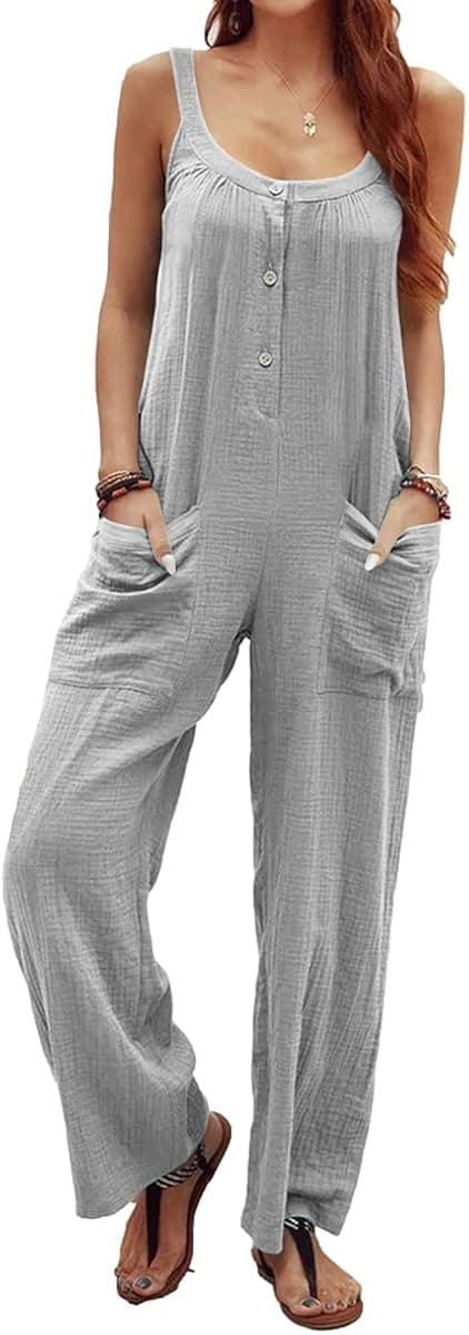 Grlasen Women Fashion Casual Button down Sleeveless Jumpsuit High Waist Solid Slim Fitting Rompers