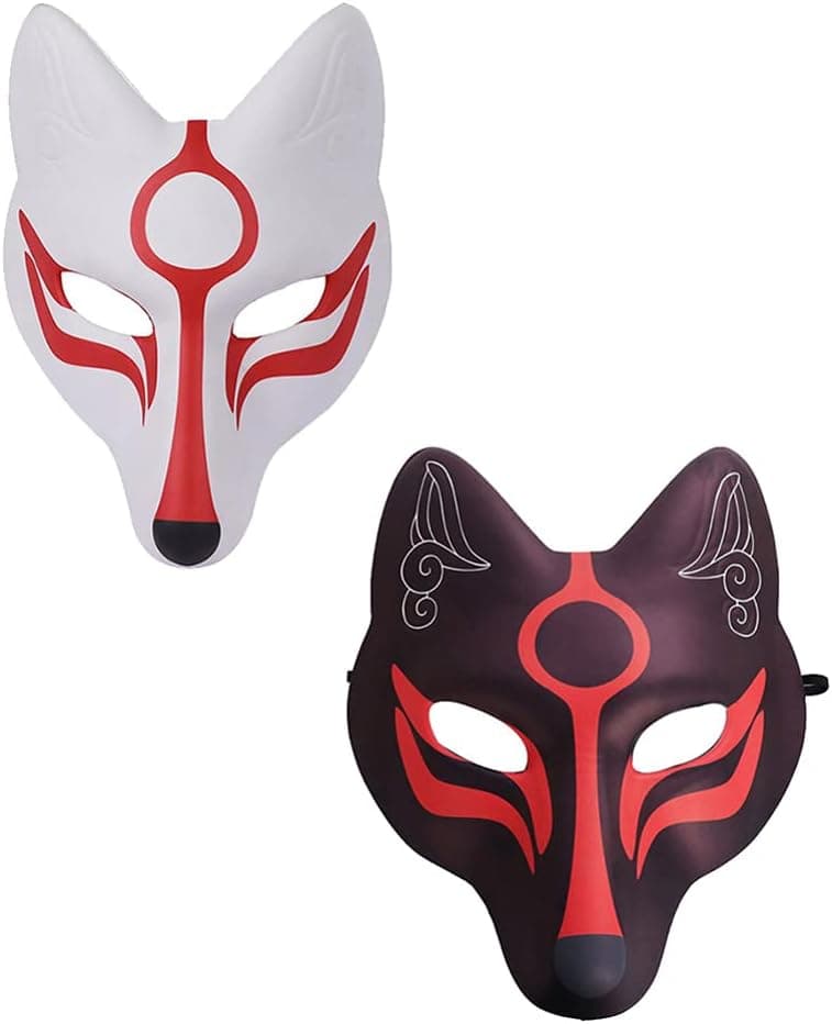 Amosfun 2pcs Fox Face Cover Japanese Kabuki Kitsune Cosplay for Halloween Masquerade Costume Accessories Stage Performance Props