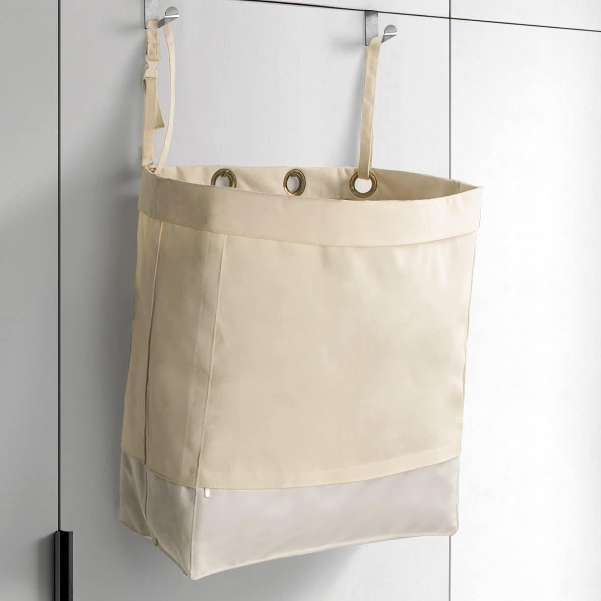 Koroda Hanging Laundry Hamper: Large Canvas Laundry Basket with Adjustable Handles Over the Door - Collapsible Laundry Bag for Clothes Organizer (Beige)