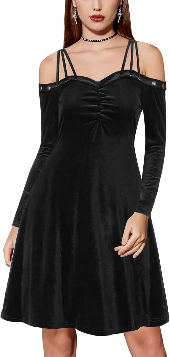 Scarlet Darkness Women's Gothic Vintage Dress Spaghetti Strap Long Sleeve Goth Velvet Dress