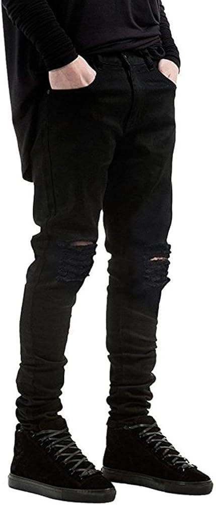 Qazel Vorrlon Men's Slim Fit Black Stretch Destroyed Ripped Skinny Denim Jeans
