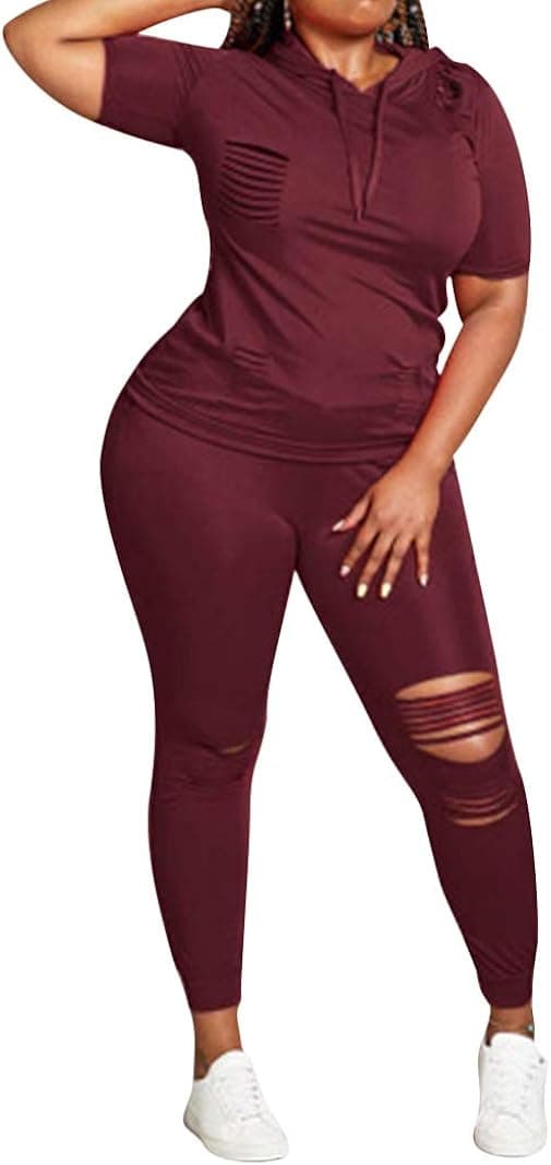 Aro Lora Women's Plus Size 2 Piece Outfit Sportwear Hole Pullover Hoodie Sweatpants Set Jumpsuit