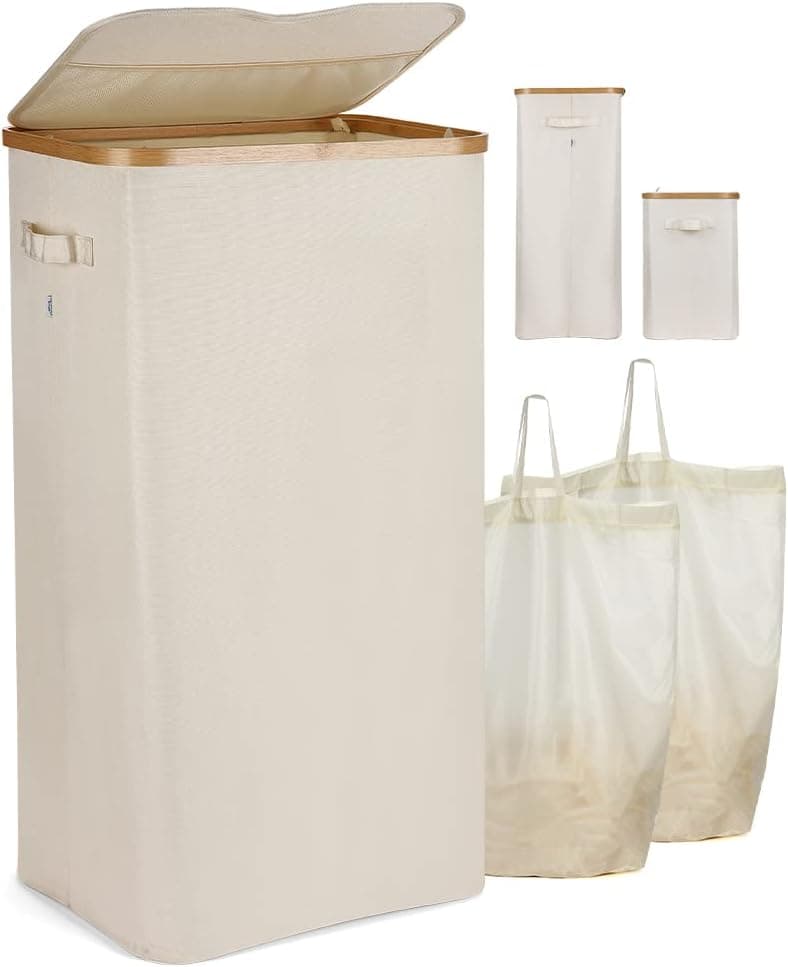 yamagahome Laundry Basket with Lid, 100L Collapsible Large Laundry Hamper with 2 Removable Laundry Bag and Upgrade Lid Design, Waterproof Laundry Basket Storage Made of Bamboo and Oxford