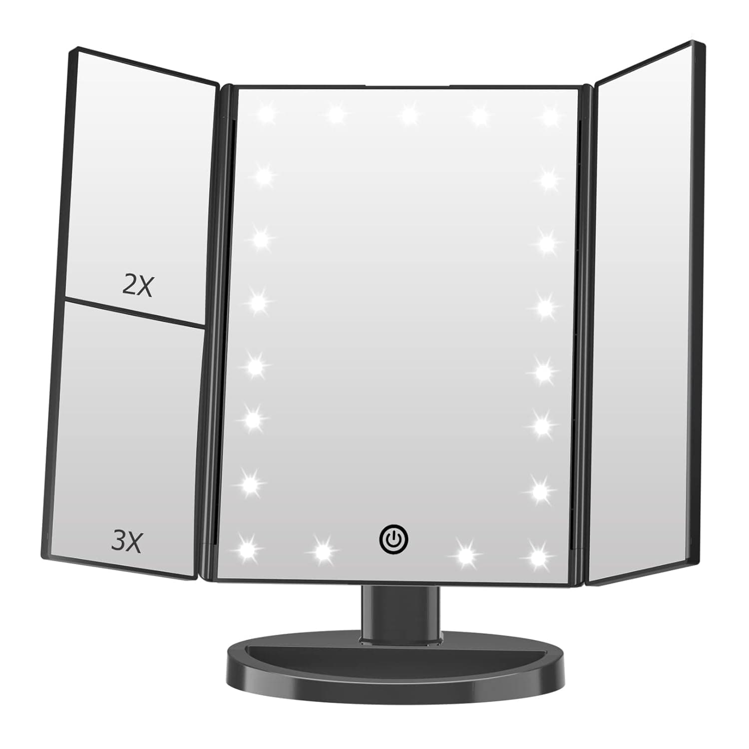 FASCINATE Lighted Makeup Mirror, Feature 21 Bright LED lights, Dimmable Brightness, One Touch Power Switch, Multiple Magnifying Option (3x/2x/1x) Trifold LED Vanity Mirror, 180 Degrees Rotaion (Black)