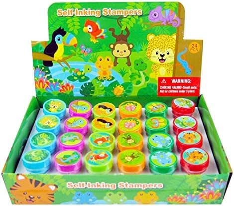 Tiny Mills 24 Pcs Rainforest Animals Assorted Stamps for Kids Self Ink Stamps Animal Birthday Party, Animals Party Favors, Goody Bag Filler Treats, Classroom Rewards Carnival Prizes