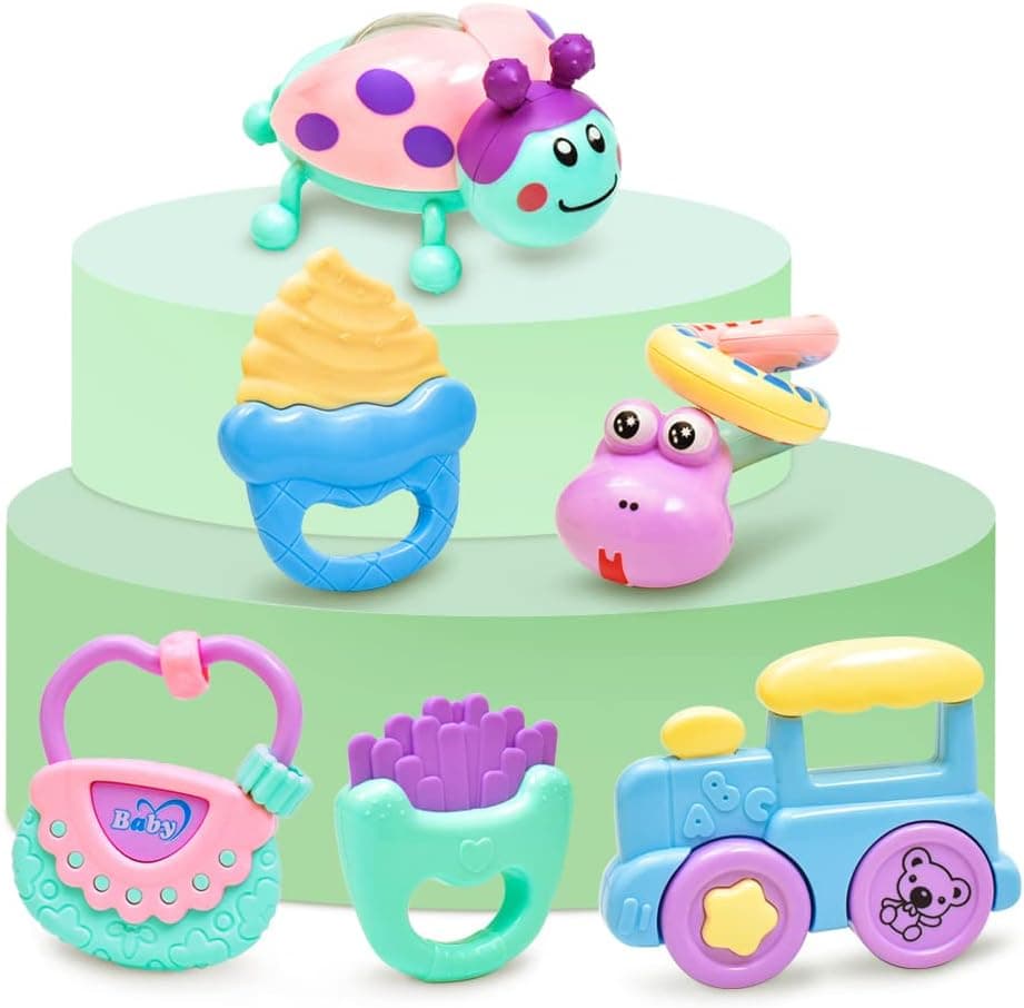 ChuburD 6-Piece Baby Toys Rattle Teether,Infants Grab and Shake Rattles,Sensory Teether,for Infant 3 Months and up,Baby Music Toys Set,Newborn Toys Easy to Clean and Carry