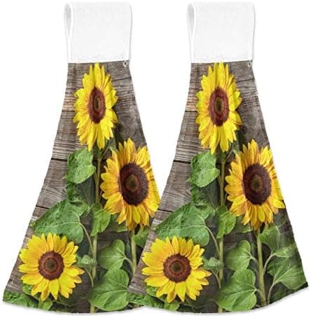Vintage Sunflowers Kitchen Towels Sets Summer Wood Board Hanging Hand Towel Dish Towel with Loop 2PCS, Soft Super Absorbent Dishcloths Fingertip Towel for Bathroom Washroom Guestroom Hotel 12x17 In