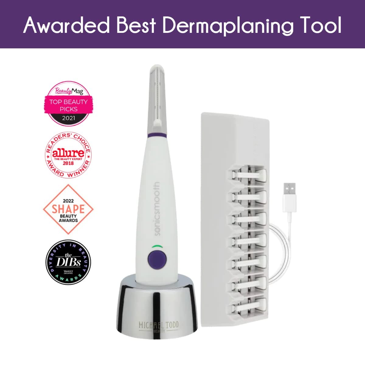 Michael Todd Beauty - Sonicsmooth - Dermaplaning Tool - 2 in 1 Women’s Facial Exfoliation & Peach Fuzz Hair Removal System with 7 Weeks of Safety Edges