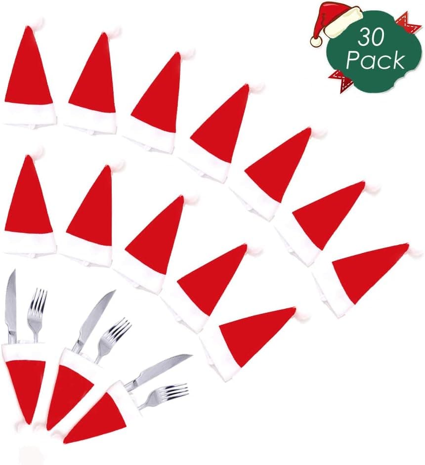 PIXRIY 30 PCS Christmas Santa Hat Silverware Holders, Cutlery Holder Cute Tableware Decoration for Xmas Party Kitchen Dinner